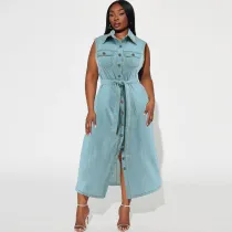SC Plus Size Sleeveless Lapel Tie Up Denim Maxi Dress GDAM-218502