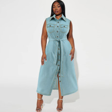 SC Plus Size Sleeveless Lapel Tie Up Denim Maxi Dress GDAM-218502