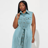 SC Plus Size Sleeveless Lapel Tie Up Denim Maxi Dress GDAM-218502