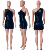 SC Single Shoulder Pleated Tight Mini Dress HMS-5581