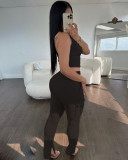SC Solid Color Zipper Tight Sleeveless Sport Pants Suit WSM-5368