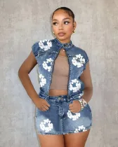 SC Print Denim Sleeveless Zipper Jacket Skirt Suit TK-6322