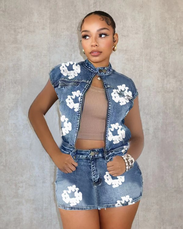 SC Print Denim Sleeveless Zipper Jacket Skirt Suit TK-6322