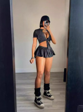 SC Short Sleeve Tie Up Crop Tops Skirt Suit(With Safety Pants) TK-6325
