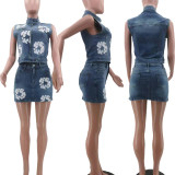 SC Print Denim Sleeveless Zipper Jacket Skirt Suit TK-6322