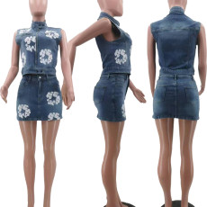 SC Print Denim Sleeveless Zipper Jacket Skirt Suit TK-6322