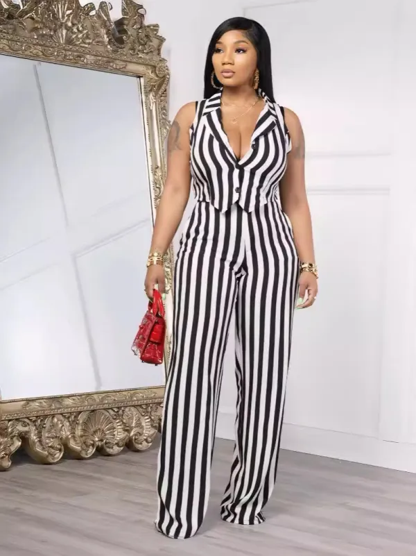 SC Stripe Print Blazer Collar Wide Leg Pants 2 Piece Set OM-1789