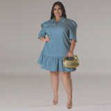 SC Plus Size Denim Lapel Short Sleeve Loose Casual Dress GDAM-218601