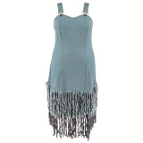 SC Plus Size Denim Sleeveless Sling Tassel Long Dress GDAM-218603
