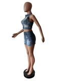 SC Embroidered Backless Vest Denim Two Piece Skirt Set MEM-88583