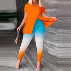 SC Plus Size Print Short Sleeve Slash 2 Piece Pants Set OSIF-3228