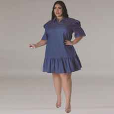SC Plus Size Denim Lapel Short Sleeve Loose Casual Dress GDAM-218601