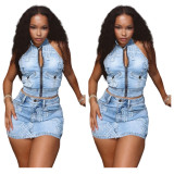 SC Embroidered Backless Vest Denim Two Piece Skirt Set MEM-88583