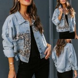 SC Leopard Print Splicing Long Sleeve Denim Coat XCFF-993