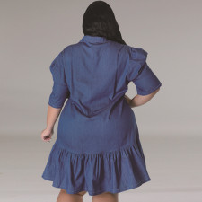 SC Plus Size Denim Lapel Short Sleeve Loose Casual Dress GDAM-218601