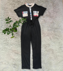 SC Short Sleeve Lapel Plaid Splicing Jumpsuit(With Mask) GYSF-6215