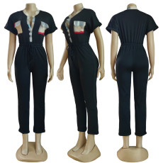 SC Short Sleeve Lapel Plaid Splicing Jumpsuit(With Mask) GYSF-6215