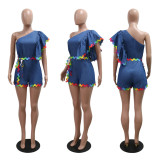 SC Slash Shoulder Wave webbing Splicing Denim Romper CYA-901255
