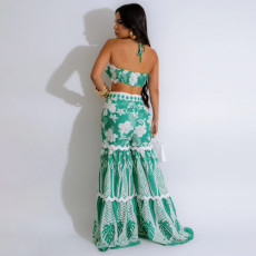 SC Print Lace-Up Bustier Top Loose Wide-Leg Pants Set CYA-901241