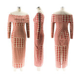 SC Houndstooth Spring One Shoulder Maxi Dress SFY-478