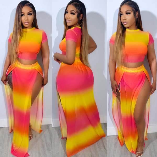 SC Gradient Color Clash Print Split Long Skirt Suit NY-10803