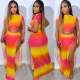 SC Gradient Color Clash Print Split Long Skirt Suit NY-10803