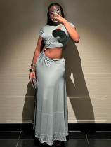 SC Solid Color Short Sleeve Long Skirt 2 Piece Set QODY-6039