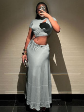 SC Solid Color Short Sleeve Long Skirt 2 Piece Set QODY-6039