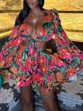 SC Floral Deep V Flared Sleeve Tie Up Mini Dress QODY-6035