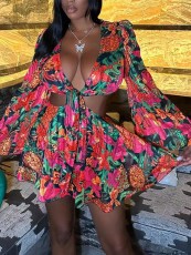 SC Floral Deep V Flared Sleeve Tie Up Mini Dress QODY-6035