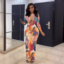 SC Print Long Sleeve Hollow Out Maxi Dress NY-10808