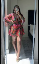 SC Floral Deep V Flared Sleeve Tie Up Mini Dress QODY-6035