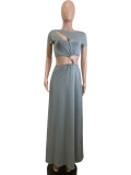 SC Solid Color Short Sleeve Long Skirt 2 Piece Set QODY-6039