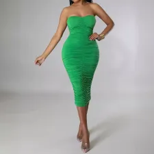 SC Solid Wrap Chest Pleated Midi Dress SFY-2775
