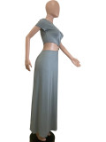 SC Solid Color Short Sleeve Long Skirt 2 Piece Set QODY-6039