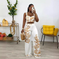 SC Print Sling High Waist Wide Leg Pant Two Piece Set NY-10805