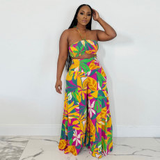 SC Print Tie Up Wrap Chest Wide Leg Pants 2 Piece Set NY-10810