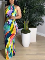 SC Print Halter Tie Up Backless Maxi Dress ZDF-31337
