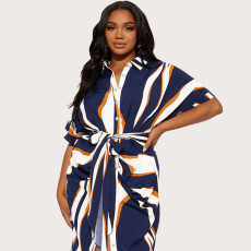 SC Plus Size Stripe Print Tie Up Short Sleeve Midi Dress GDAM-218615