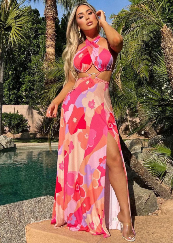 SC Sexy Print Tie Up Backless Split Maxi Dress XHXF-413