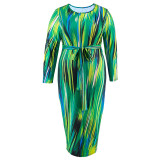 SC Plus Size Irregular Stripe Long Sleeve Long Dress GDAM-218508