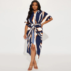 SC Plus Size Stripe Print Tie Up Short Sleeve Midi Dress GDAM-218615