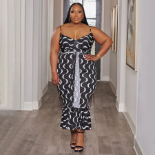 SC Plus Size Print Tie Up Slim Midi Dress NNWF-7989