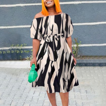 SC Plus Size Print Tie Up Short Sleeve Midi Dress NNWF-8027