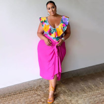 SC Plus Size V Neck Print Bodysuit And Half Skirt Suit NNWF-7993