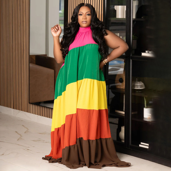 SC Plus Size Contrast Color Patchwork Maxi Dress NNWF-8023