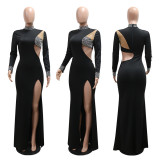 SC Hot Drill Hollow Out Long Sleeve Split Maxi Dress CYA-901237