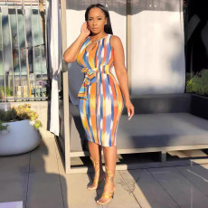 SC Sleeveless Tie Up Stripe Print Midi Dress LSL-LS8035