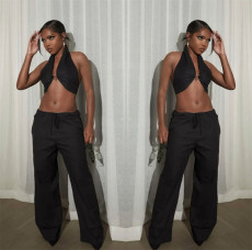 SC Sexy Solid Halter Wrap Top Wide Leg Pants Suit LSL-LS0006
