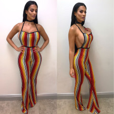 SC Print Stripe Backless Halter Jumpsuit LSL-LS8004